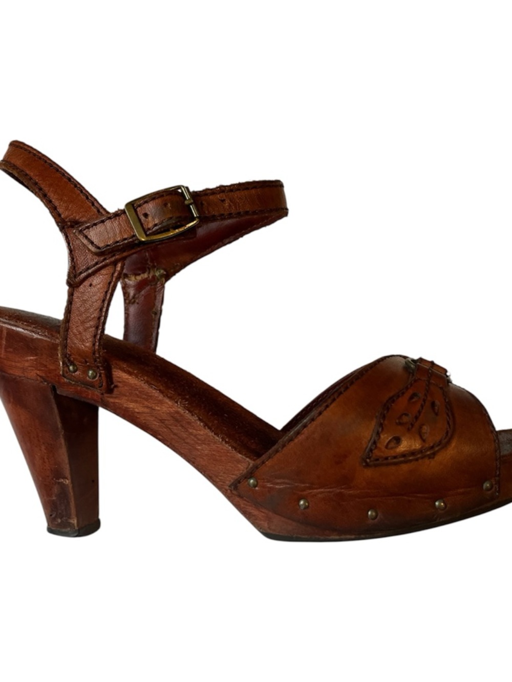 True Vintage 70’s Imperial Leather Brown Strappy Platform wood Sandals size 7 - Picture 9 of 9